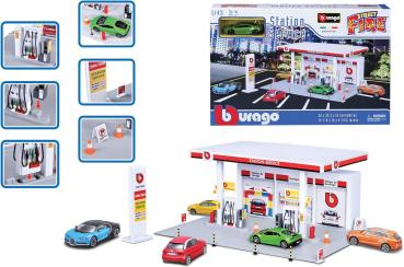 BBURAGO Tankstelle Street Fire 1:43, inkl. 1 x Modellauto, Spiel-Set